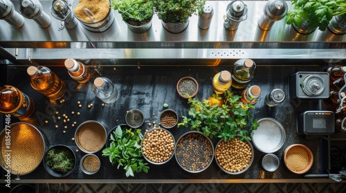 A detailed setup of a homebrew beer station, with someone carefully measuring ingredients, surrounded by brewing equipment, hops, and grains