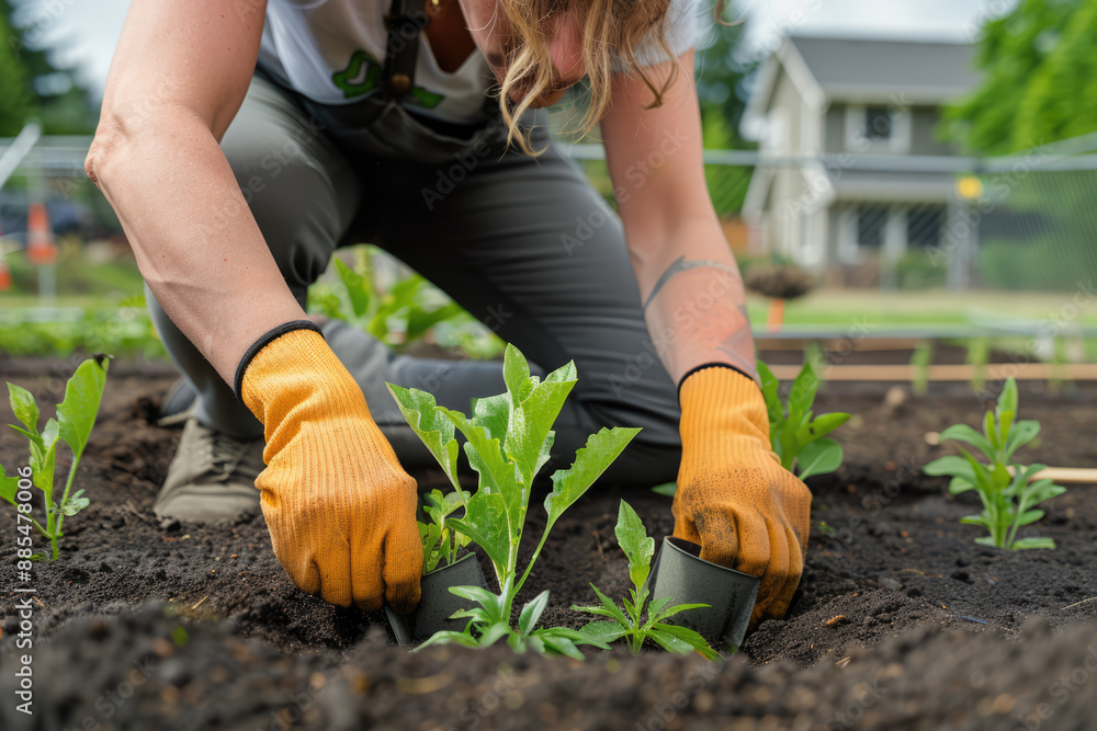 Fototapeta premium volunteers planting a variety of greenery, showcasing community involvement and sustainability efforts in a vibrant cityscape