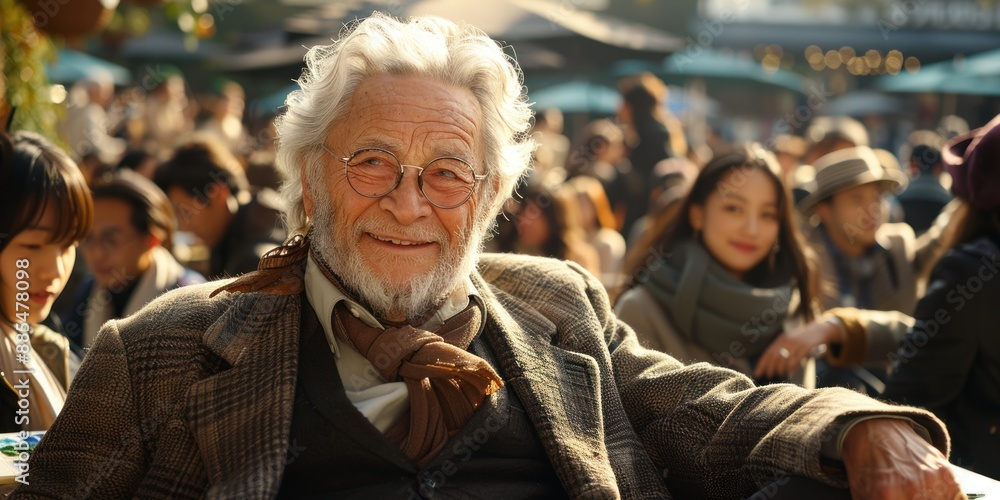 Older man in glasses smiling among a crowd Older man in glasses smiling among a crowd