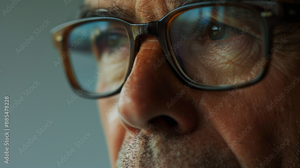 A close-up of an older man's face with glasses highlights life’s experiences etched in the lines, capturing a moment of reflection and contemplation.