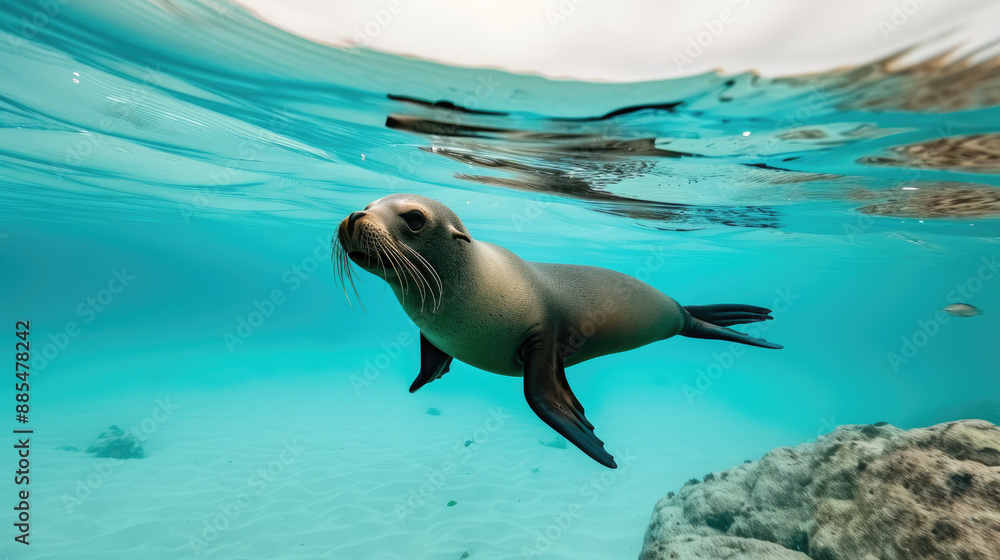 A sea lion swims gracefully underwater, its sleek body moving effortlessly through the water A sea lion swims gracefully underwater, its sleek body moving effortlessly through the water