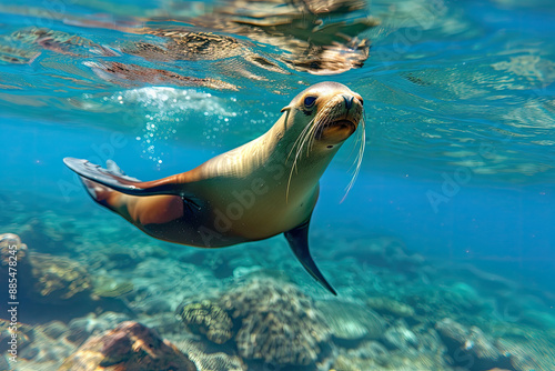 A sea lion swims gracefully through the crystal-clear waters
