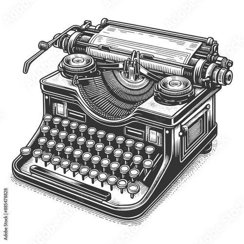 vintage typewriter, showcasing classic design and intricate mechanical details sketch engraving generative ai vector illustration. Scratch board imitation. Black and white image.