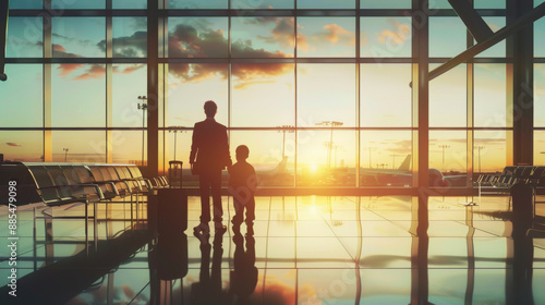 In an airport terminal, a silhouette of an adult and a child stand hand-in-hand, gazing at a beautiful sunset through large windows.