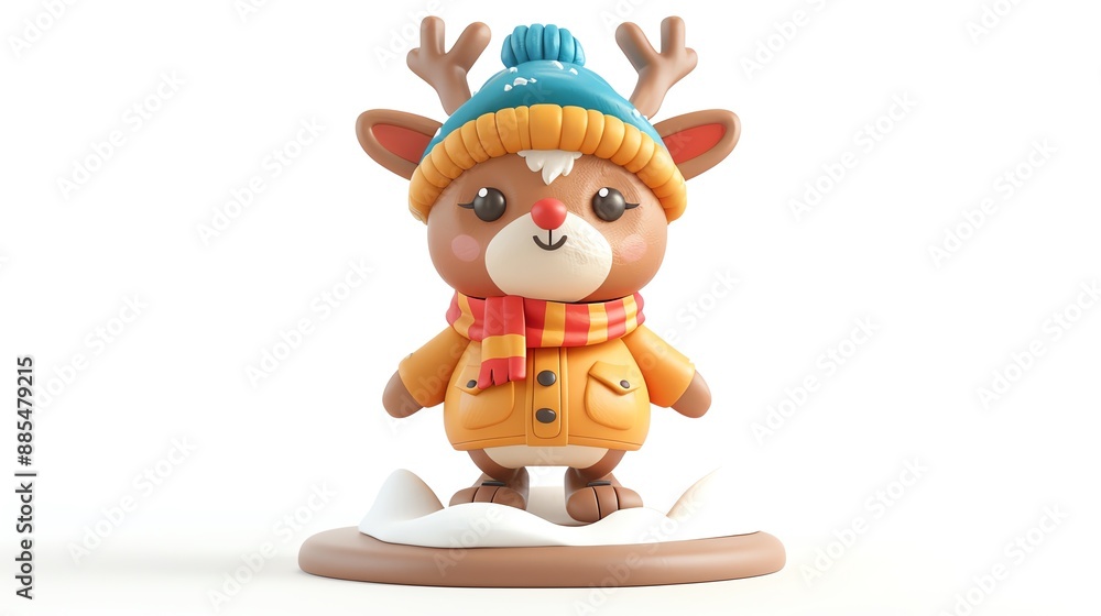 Cute cartoon reindeer wearing a winter hat and scarf, standing on snow. Cute cartoon reindeer wearing a winter hat and scarf, standing on snow.