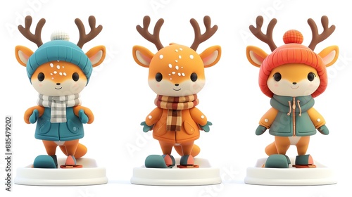 Three adorable cartoon reindeer wearing winter clothes, standing on a snowy base.