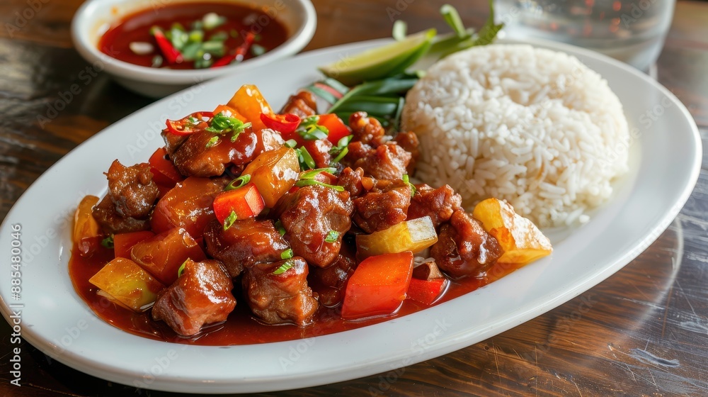 Delicious sweet and sour pork with rice on a white plate. A perfect balanced meal with fresh vegetables and vibrant colors. Delicious sweet and sour pork with rice on a white plate. A perfect balanced meal with fresh vegetables and vibrant colors.