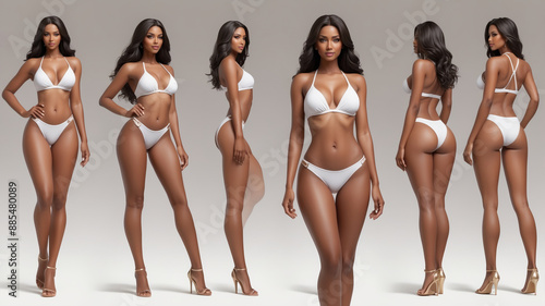 Five women in white swimsuits stand in different poses, showcasing their bodies and confidence