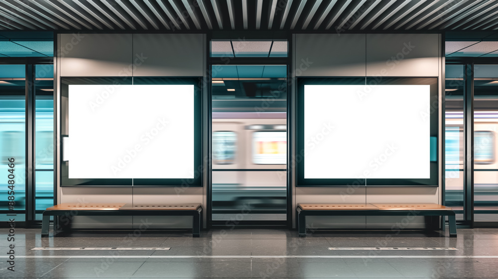 Fototapeta premium Modern subway platform with empty benches and blank billboards, showcasing a sleek design and an approaching train in motion.