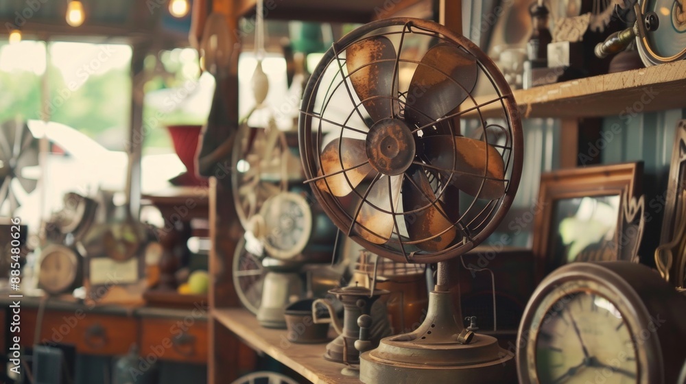 Fototapeta premium Visualize an antique hand-cranked fan with a rustic look, surrounded by vintage decor elements. 