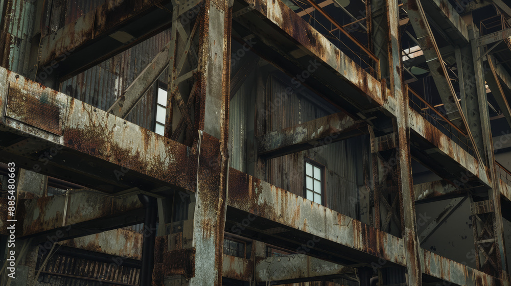 Rusted beams and metal structures of an aging, dilapidated industrial building, reflecting years of abandonment and decay. Rusted beams and metal structures of an aging, dilapidated industrial building, reflecting years of abandonment and decay.
