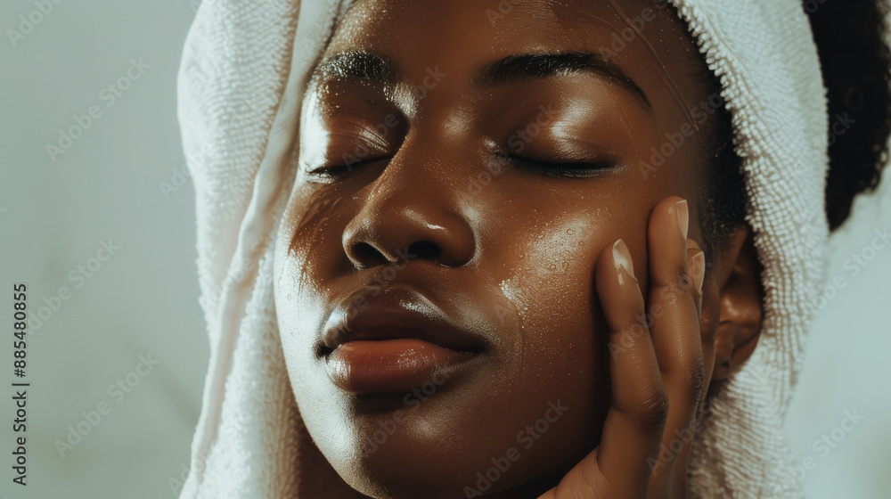 Close-up of a woman with eyes closed, wrapped in a towel, capturing a serene moment of self-care, relaxation, and inner peace. Close-up of a woman with eyes closed, wrapped in a towel, capturing a serene moment of self-care, relaxation, and inner peace.