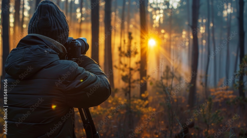 Capturing Nature's Golden Hour Photographer Framing Sunset in Enchanting Forest Setting Capturing Nature's Golden Hour Photographer Framing Sunset in Enchanting Forest Setting