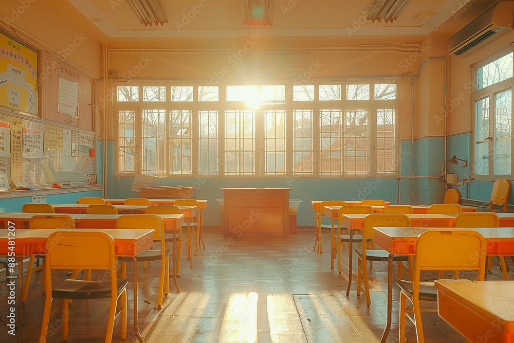 back to school in classroom. room with a table and chairs, classroom with desks, yellow desks and yellow chairs, supplies. back to school in classroom. room with a table and chairs, classroom with desks, yellow desks and yellow chairs, supplies.