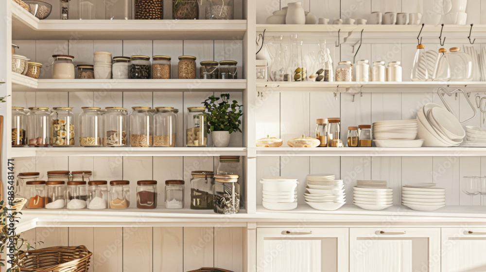 A bright, airy kitchen pantry is neatly organized with jars of grains, spices, and kitchenware, exuding a warm and inviting feel. A bright, airy kitchen pantry is neatly organized with jars of grains, spices, and kitchenware, exuding a warm and inviting feel.