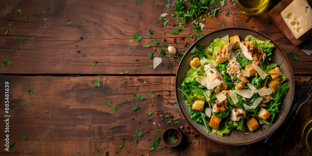 chicken caesar salad on rustic table chicken caesar salad on rustic table