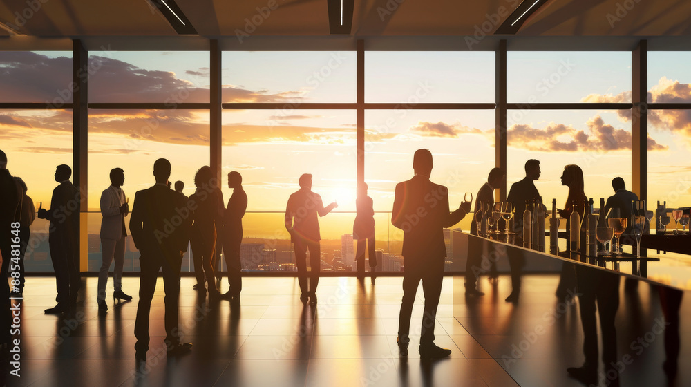 A vibrant scene of a social gathering in a contemporary building with glass walls, capturing dynamic interactions against a sunset backdrop. A vibrant scene of a social gathering in a contemporary building with glass walls, capturing dynamic interactions against a sunset backdrop.