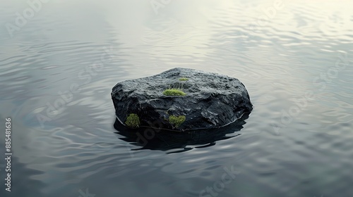 Smooth stones rest in calm blue water, reflecting a vibrant summer sunset photo