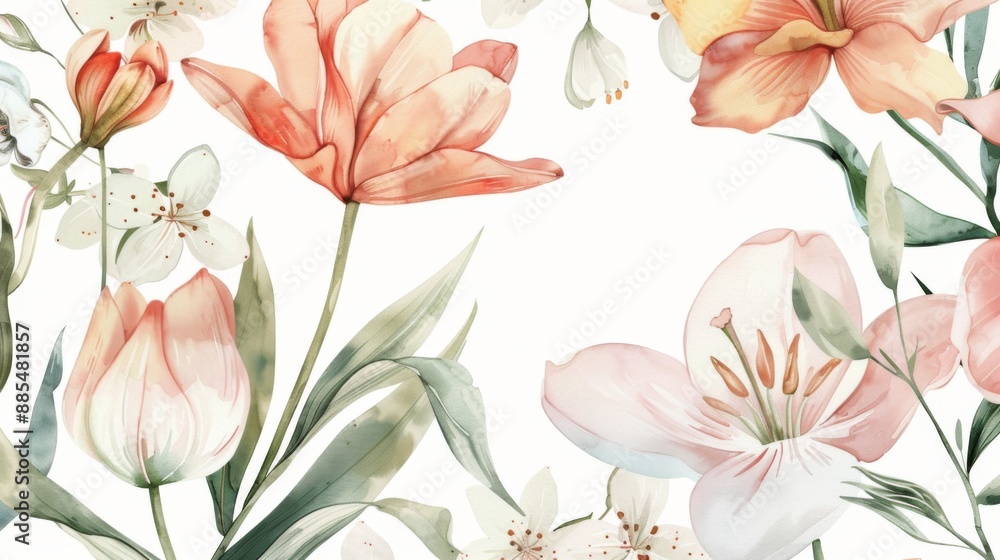 Fototapeta premium Watercolor Floral Pattern with Tulips and Lilies.