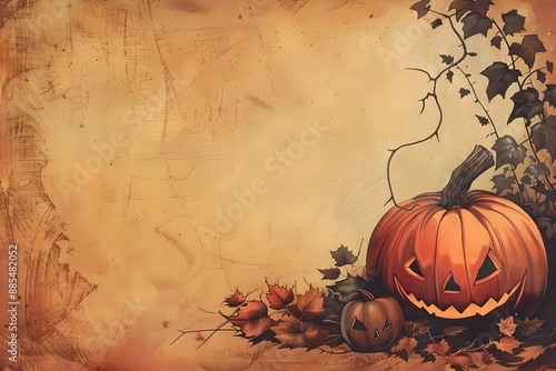 Carved pumpkin with autumn leaves. Jack-o-lantern. Halloween celebration concept. Vintage illustration for greeting card, invitation, design with copy space. Retro style postcard