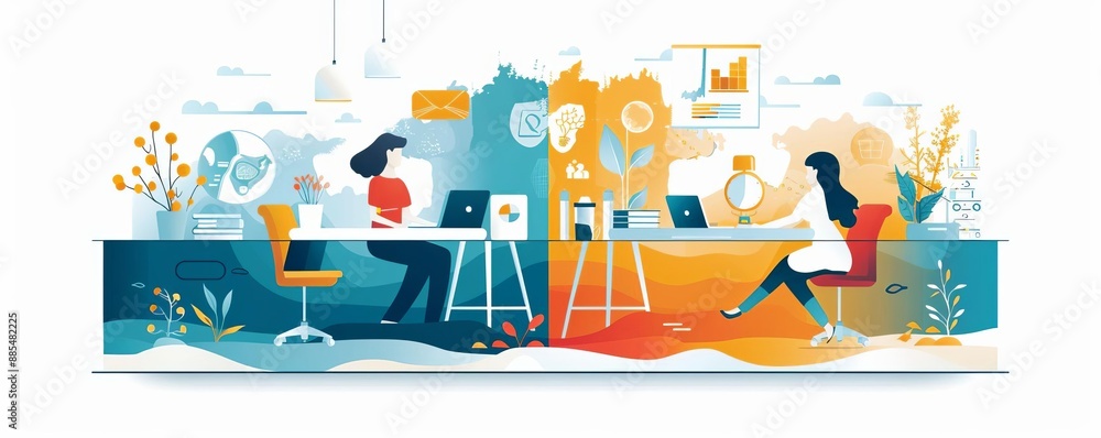 Innovative teamwork insights, flat design, side view, equipment theme, water color, Split-complementary color scheme Innovative teamwork insights, flat design, side view, equipment theme, water color, Split-complementary color scheme