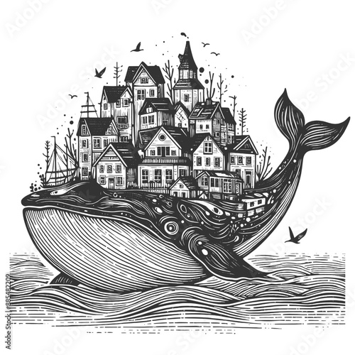 whale carrying a cityscape on its back, blending nature and urban elements sketch engraving generative ai vector illustration. Scratch board imitation. Black and white image.