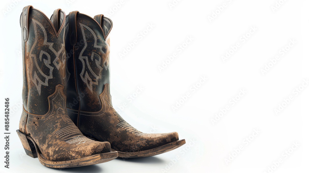 A pair of well-worn cowboy boots with intricate stitching, symbolizing ruggedness and a sense of journey, placed against a plain white background. A pair of well-worn cowboy boots with intricate stitching, symbolizing ruggedness and a sense of journey, placed against a plain white background.