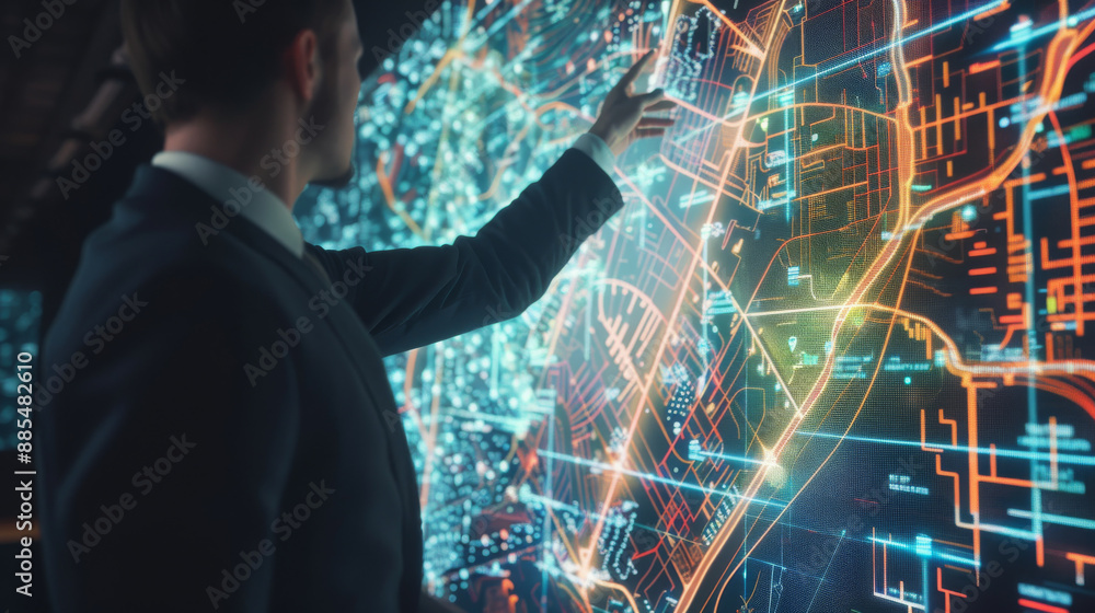 Fototapeta premium A man in a suit interacts with a high-tech digital map interface, likely in a control room or futuristic setting, analyzing complex data and routes.