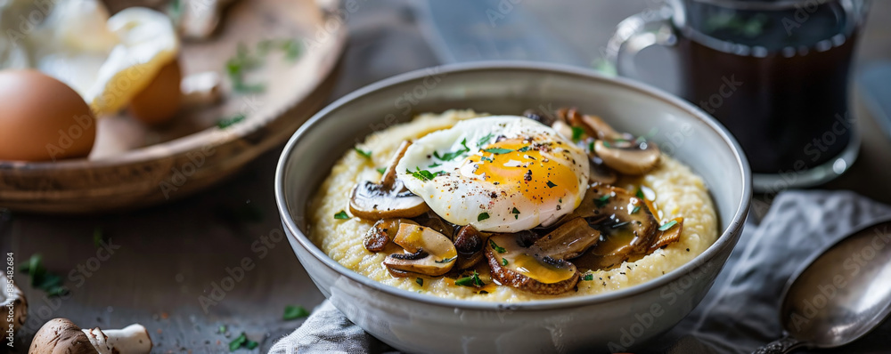 A comforting breakfast scene with a bowl of creamy polenta topped with sautéed mushrooms and a poached egg, accompanied by a mug of black coffee. A comforting breakfast scene with a bowl of creamy polenta topped with sautéed mushrooms and a poached egg, accompanied by a mug of black coffee.