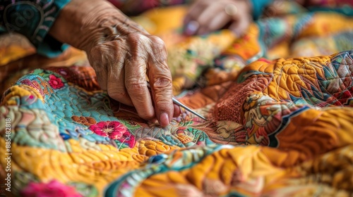 A detailed close-up of someone working on a handmade quilt, with fabrics, needles, and patterns spread out, capturing the essence of creativity and craftsmanship