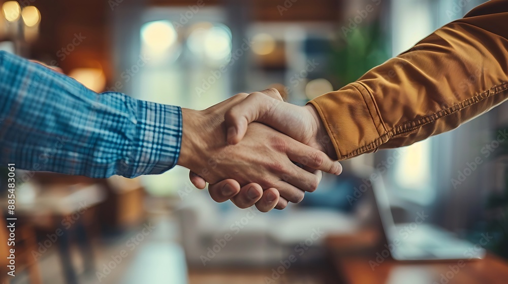 A handshake between an investor and a startup founder in a trendy office after signing a funding agreement, with the signed documents and a laptop on the table, and a modern decor in the background. A handshake between an investor and a startup founder in a trendy office after signing a funding agreement, with the signed documents and a laptop on the table, and a modern decor in the background.