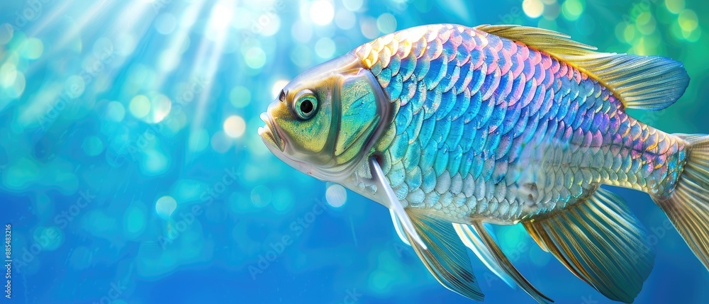 Vibrant image of a colorful fish swimming in clear blue water with sunlight streaming through, creating a serene underwater scene. Vibrant image of a colorful fish swimming in clear blue water with sunlight streaming through, creating a serene underwater scene.