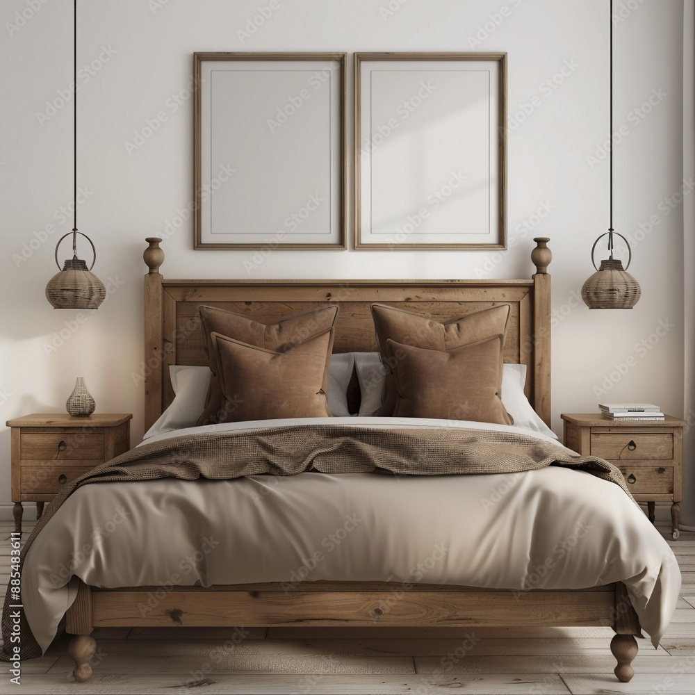 Fototapeta premium vintage wooden bed with brown pillows and bedside cabinets against white wall with posters frames 