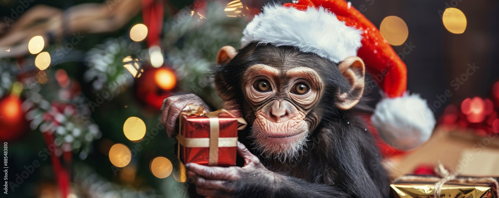 A playful monkey wearing a Santa hat, holding a small Christmas gift box, with a backdrop of holiday decorations. A playful monkey wearing a Santa hat, holding a small Christmas gift box, with a backdrop of holiday decorations.