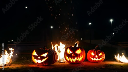 Spooky Halloween Pumpkins and Bonfire at Night photo