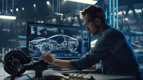 An engineer meticulously designs a high-tech car on a large computer screen, surrounded by futuristic equipment and blueprints in an innovative workspace. © VK Studio