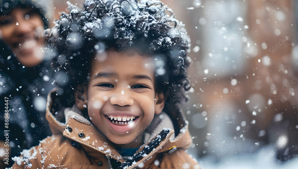 A joyful child with curly hair smiles while playing in the snow, capturing the delight and wonder of wintertime fun and happiness. A joyful child with curly hair smiles while playing in the snow, capturing the delight and wonder of wintertime fun and happiness.