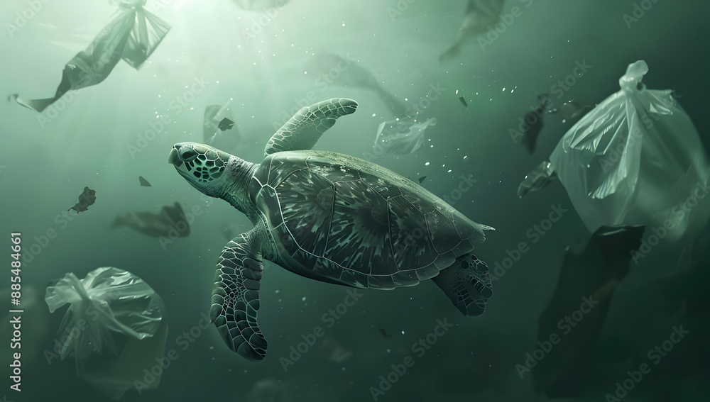 Fototapeta premium A sea turtle swims among floating plastic debris in the ocean, highlighting the pollution affecting marine life and environmental conservation.