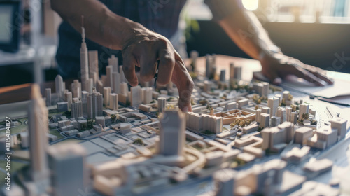 A person's hands hover over an intricate architectural model of a city under the warm glow of sunlight, capturing the meticulous planning in urban design.