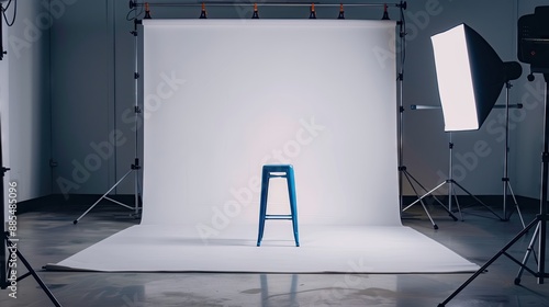 A realistic interview scene with a white backdrop. In front of the backdrop is a blue bar stool in the middle. This scene is a studio scene.
