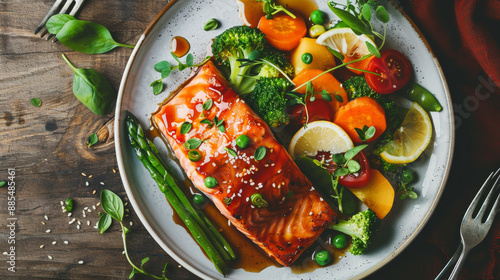 A plate adorned with colorful roasted vegetables and a glazed salmon fillet exemplifies culinary artistry and healthy eating.