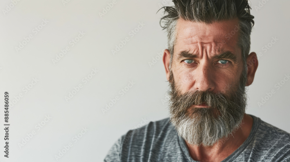 A man with a stern expression and a well-groomed thick beard stares directly at the camera, his blue eyes sharp against a neutral background. A man with a stern expression and a well-groomed thick beard stares directly at the camera, his blue eyes sharp against a neutral background.