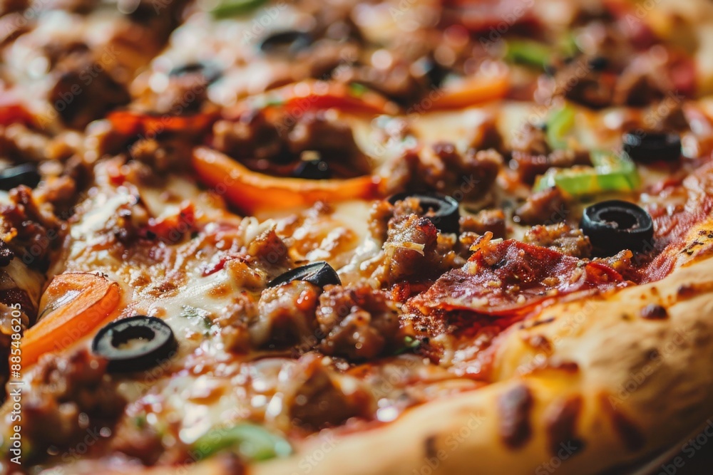 Close-up of a delicious pizza with pepperoni and black olives.