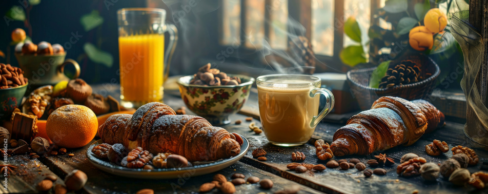 Fototapeta premium A decadent breakfast spread with chocolate croissants, a bowl of mixed nuts, a glass of orange juice, and a steaming cup of cappuccino.
