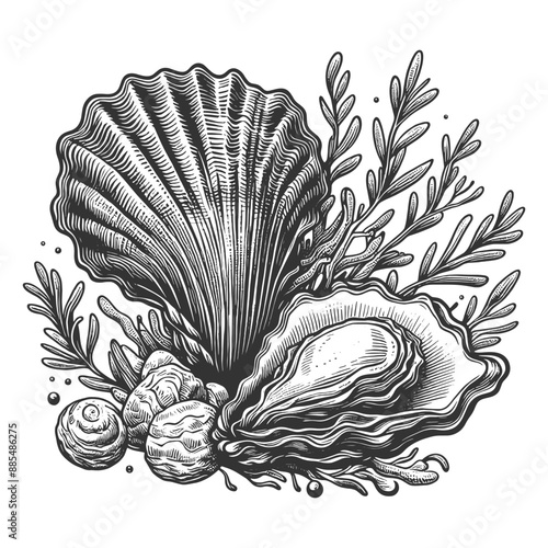 seashells surrounded by seaweed, showcasing oceanic and marine life elements sketch engraving generative ai fictional character vector illustration. Scratch board imitation. Black and white image.