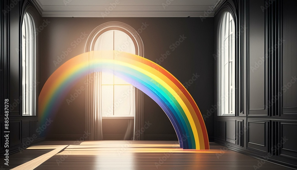 Obraz premium Rainbow on Black Wall with White Light Background, Sunlight Through Window with Blurry Lens Flare Effect 