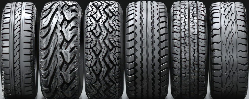 Fototapeta premium Highresolution image of tire tread patterns, emphasizing the texture and design of automotive tires, ideal for a detailed background