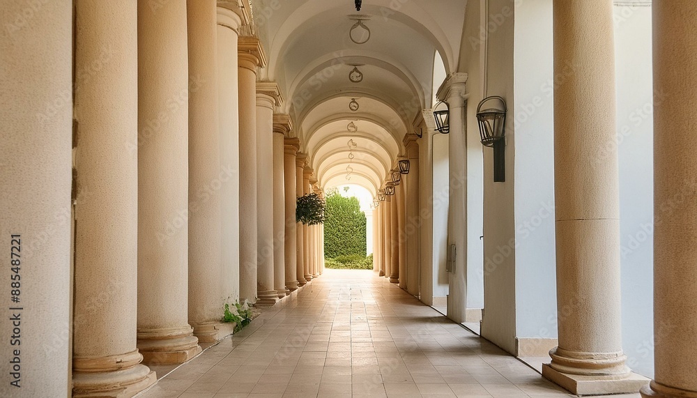 Obraz premium Serene hallway of an elegant classical architecture with arched columns