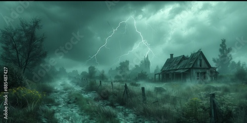 Country road at thunderstorm. Summer night landscape with roadway at bad weather and old house nearby.