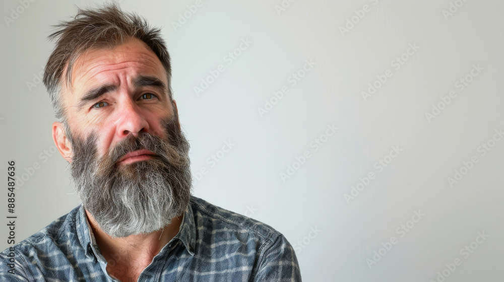 A pensive man with a salt-and-pepper beard gazes thoughtfully to the side, wearing a plaid shirt against a plain background, highlighting his contemplative mood. A pensive man with a salt-and-pepper beard gazes thoughtfully to the side, wearing a plaid shirt against a plain background, highlighting his contemplative mood.
